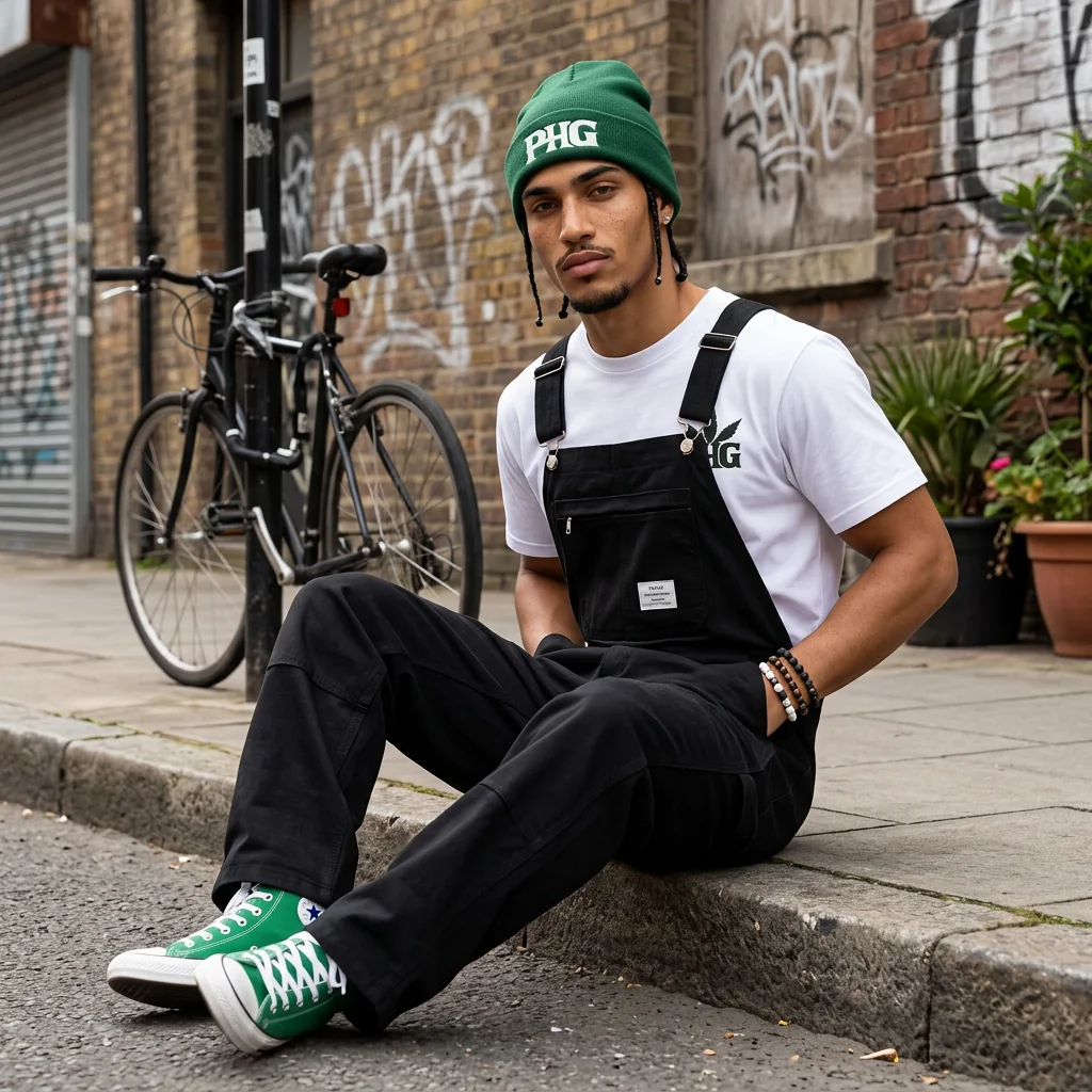 Bluntito sitting outside in black overalls, a green beanie, and green sneakers.