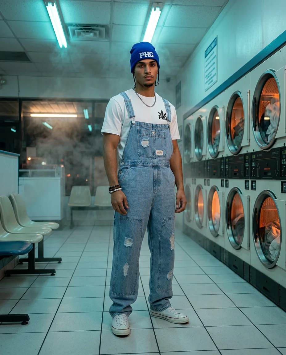 Bluntito standing among washing machines beneath teal fluorescent lights.