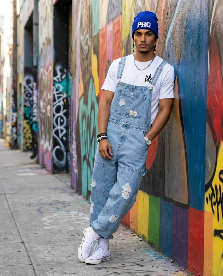 Bluntito beside a colorful street mural, wearing denim overalls and a blue beanie.