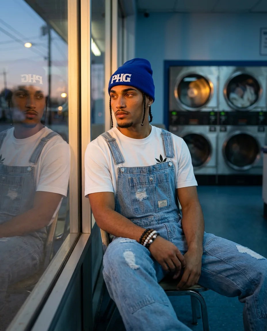 Bluntito seated beside a laundromat window with his reflection in the glass.