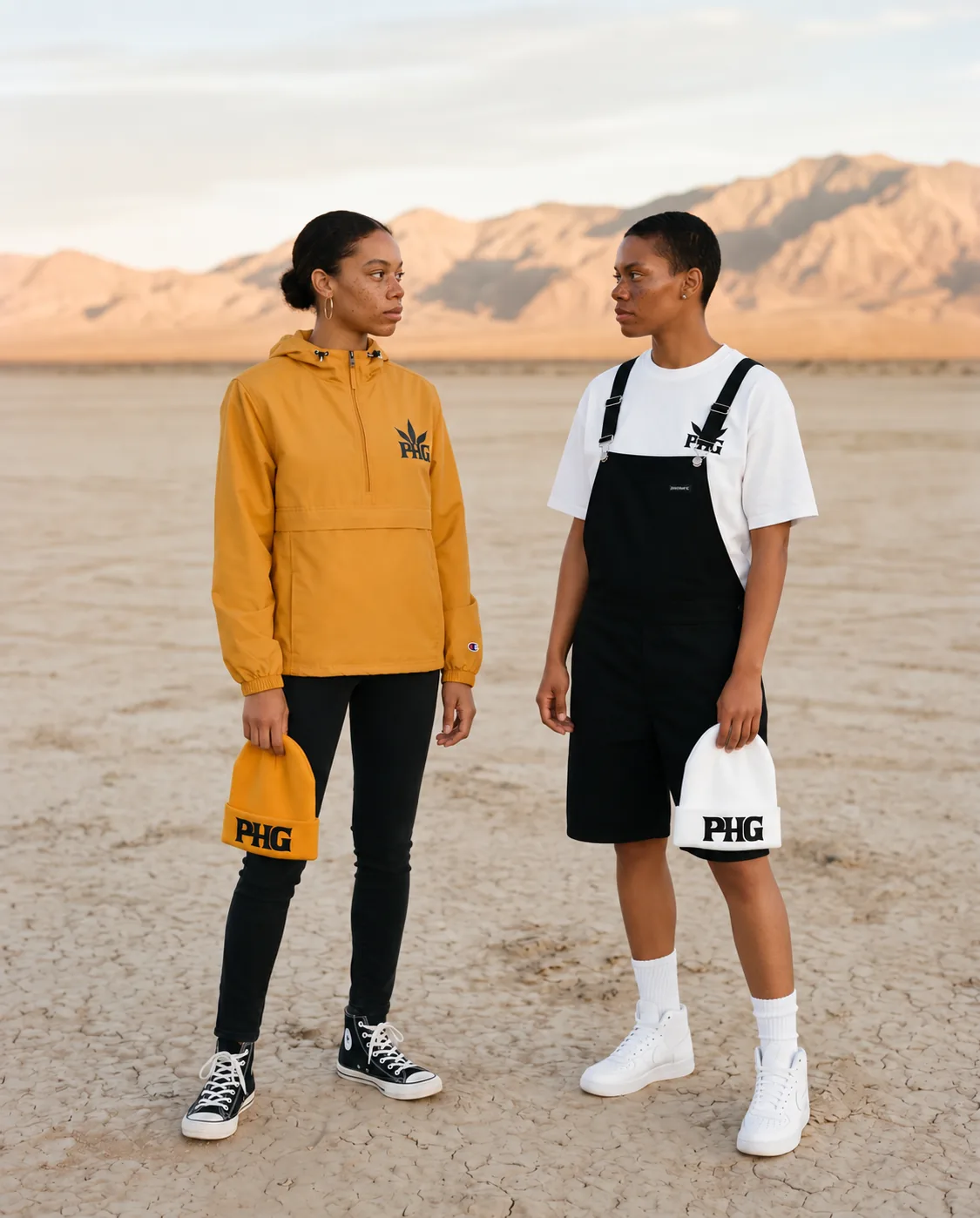 Two members in PotHead Gang pieces facing each other on a desert flat.