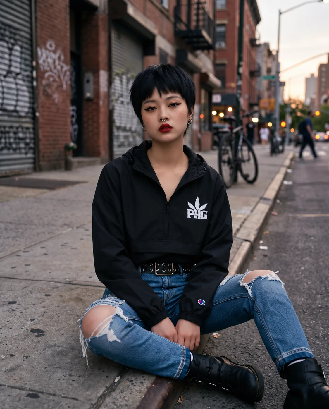 A member in a black PotHead Gang anorak seated on a city curb at dusk.