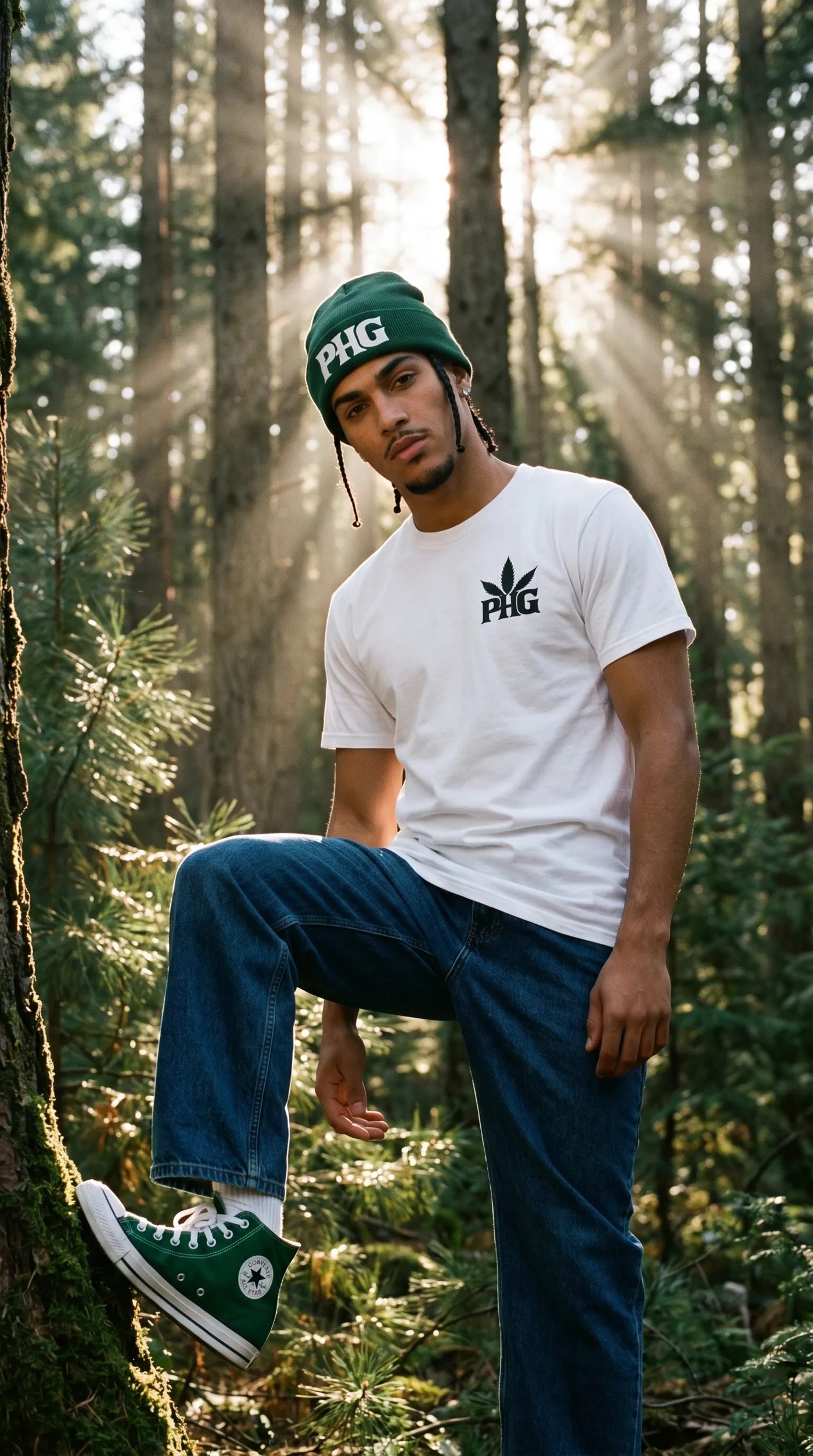 A member in the forest with light breaking through the trees.