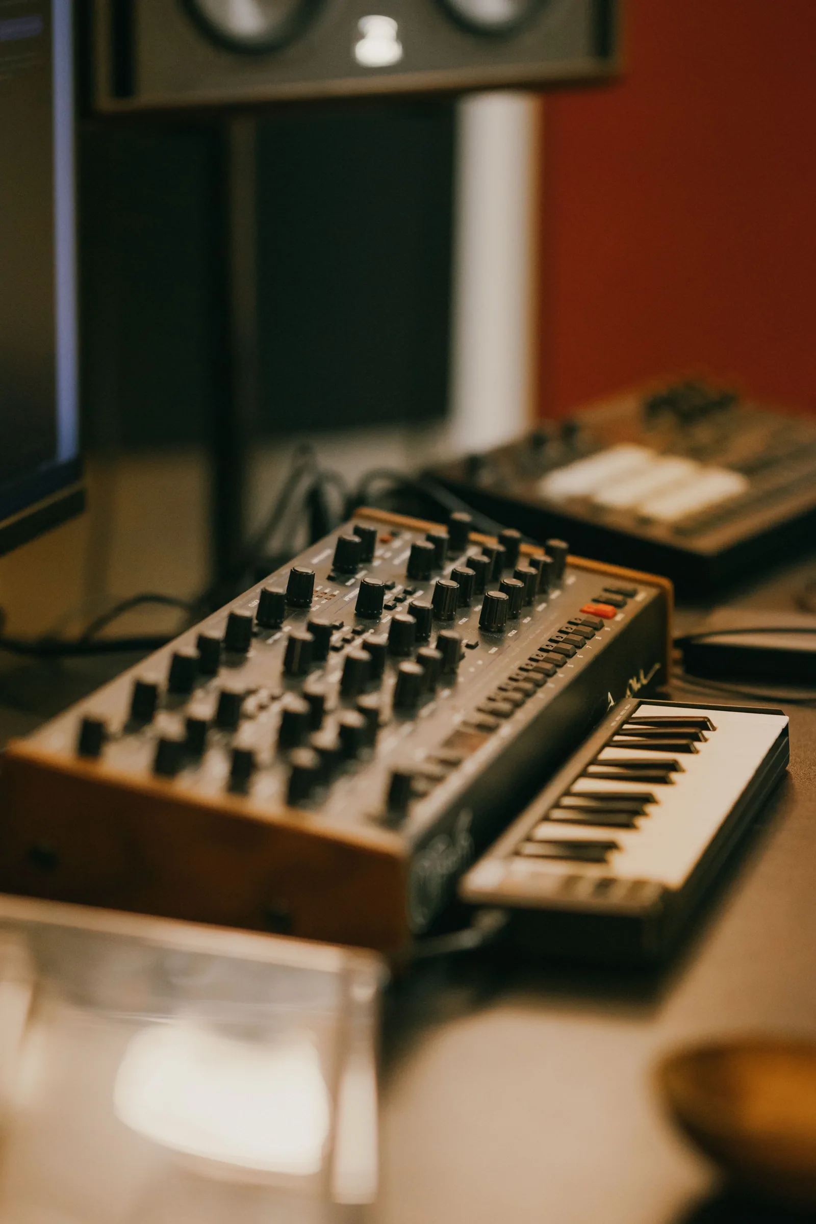 An analog synthesizer in warm studio light.